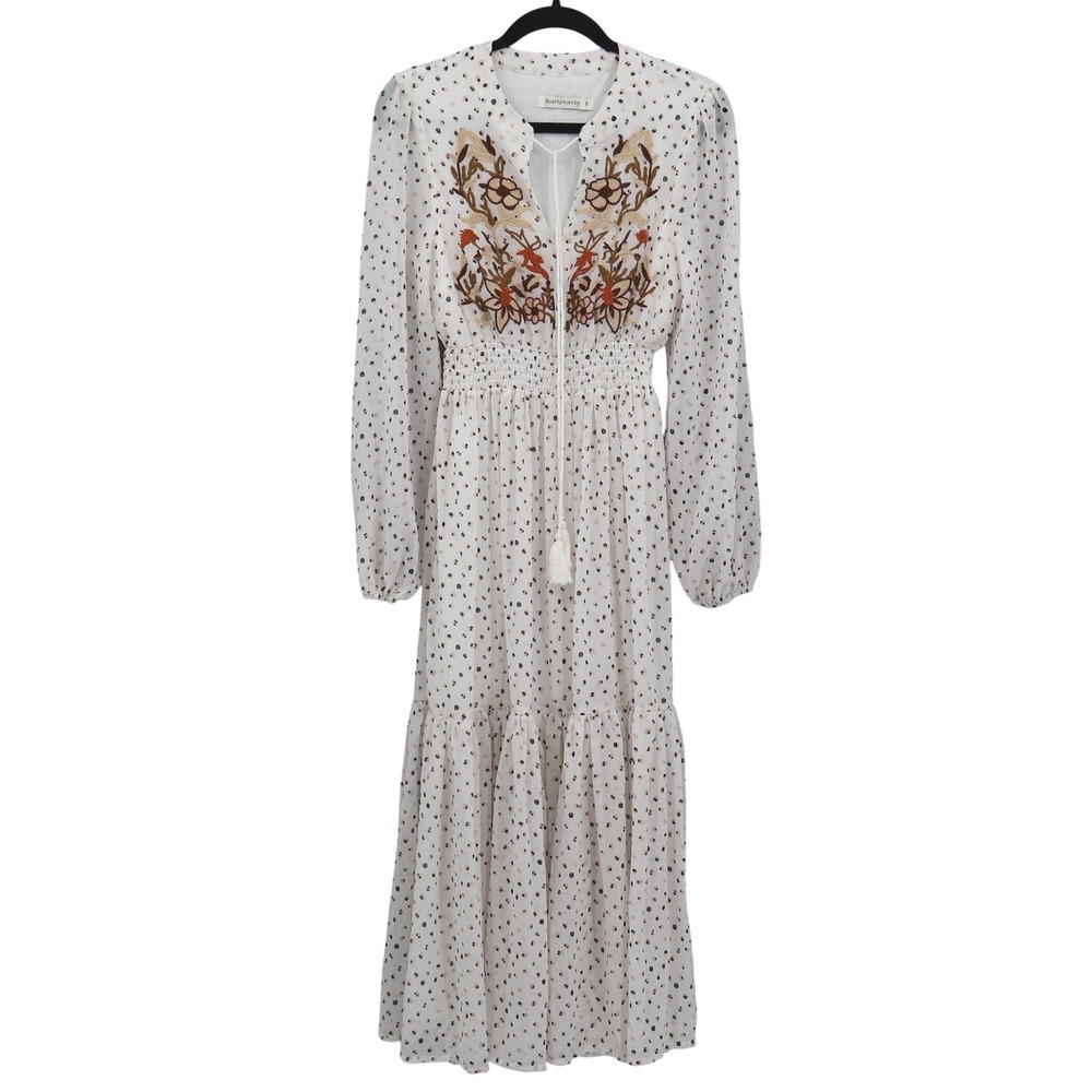 Rustydustty Embroidered Midi Dress Womens S White Boho Bohemian‎ Peasant Tiered - Picture 2 of 15